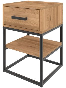 Nowoczesna szafka nocna dębowa CUBE z litego drewna z szufladą industrial loft metal i drewno