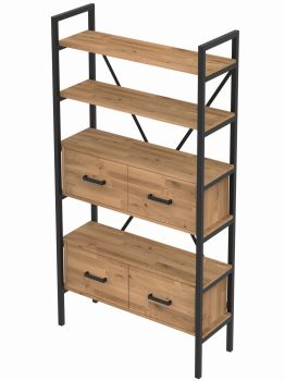 Nowoczesny regał dębowy MEDIUM CABINET z drzwiczkami metalowa konstrukcja i półki z litego drewna styl loft
