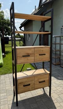 Duży regał z litego drewna dębowego MEDIUM CABINET z drzwiczkami i stalową ramą nowoczesny styl loft