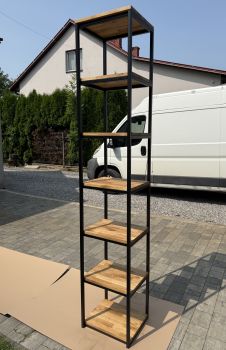 Nowoczesny regał dębowy WOOD BOX z układem kwadratowych półek metal i drewno minimalistyczna forma loft