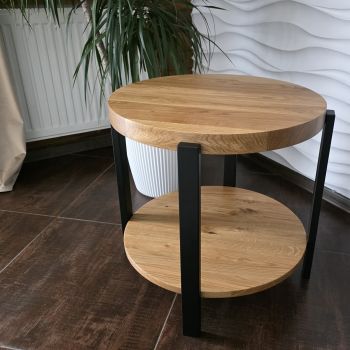 stolik kawowy dębowy okrągły industrialny AURA z litego dębu
