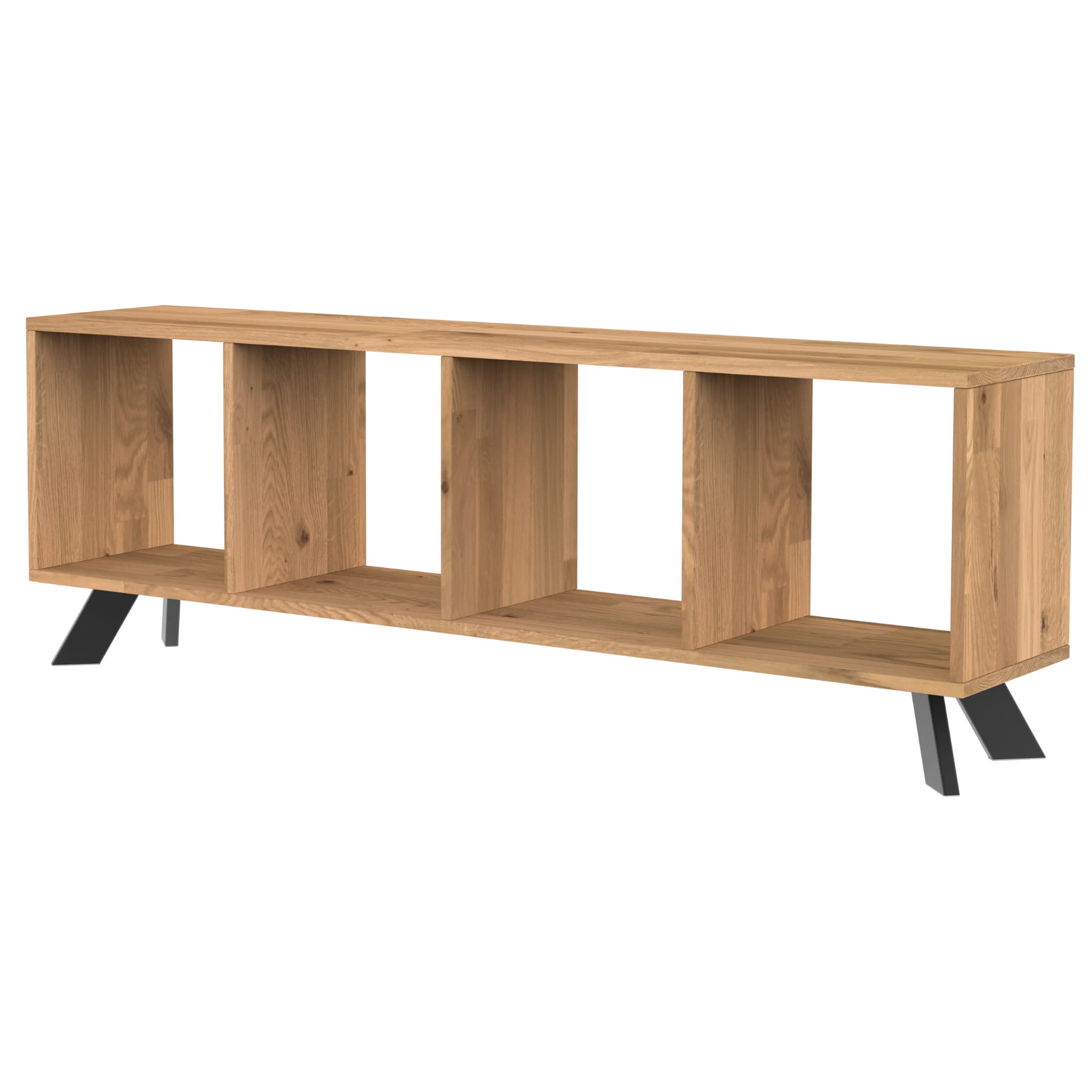 Szafka RTV loft TOLEDO BOX dąb naturalny z otwartymi półkami i stalową podstawą minimalistyczny design