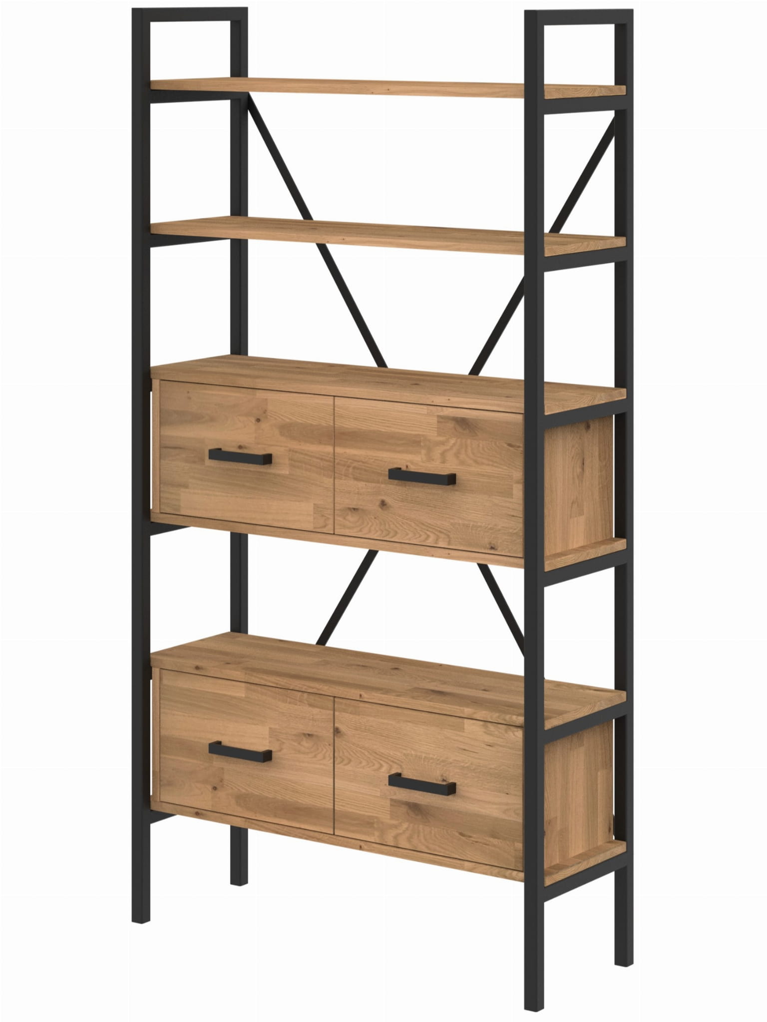 Regał loftowy z litego dębu MEDIUM CABINET z zamykanymi szafkami i otwartymi półkami styl industrial do salonu